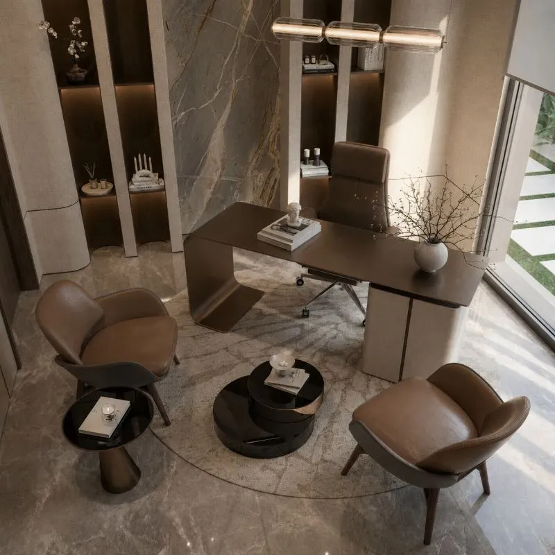 Study seen from above with a leather-wrapped desk, brown leather armchairs, lit linen niches and a book-matched stone feature wall