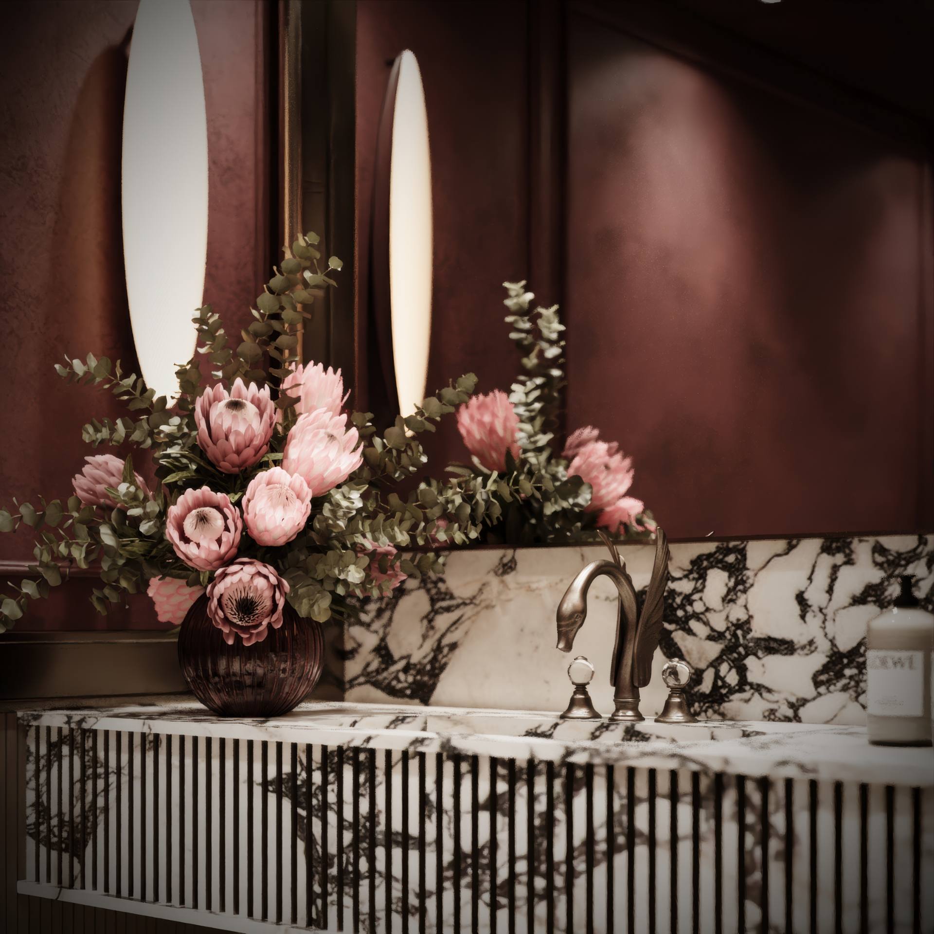 Powder room with oxblood plaster walls, arabescato marble vanity and fluted stone front