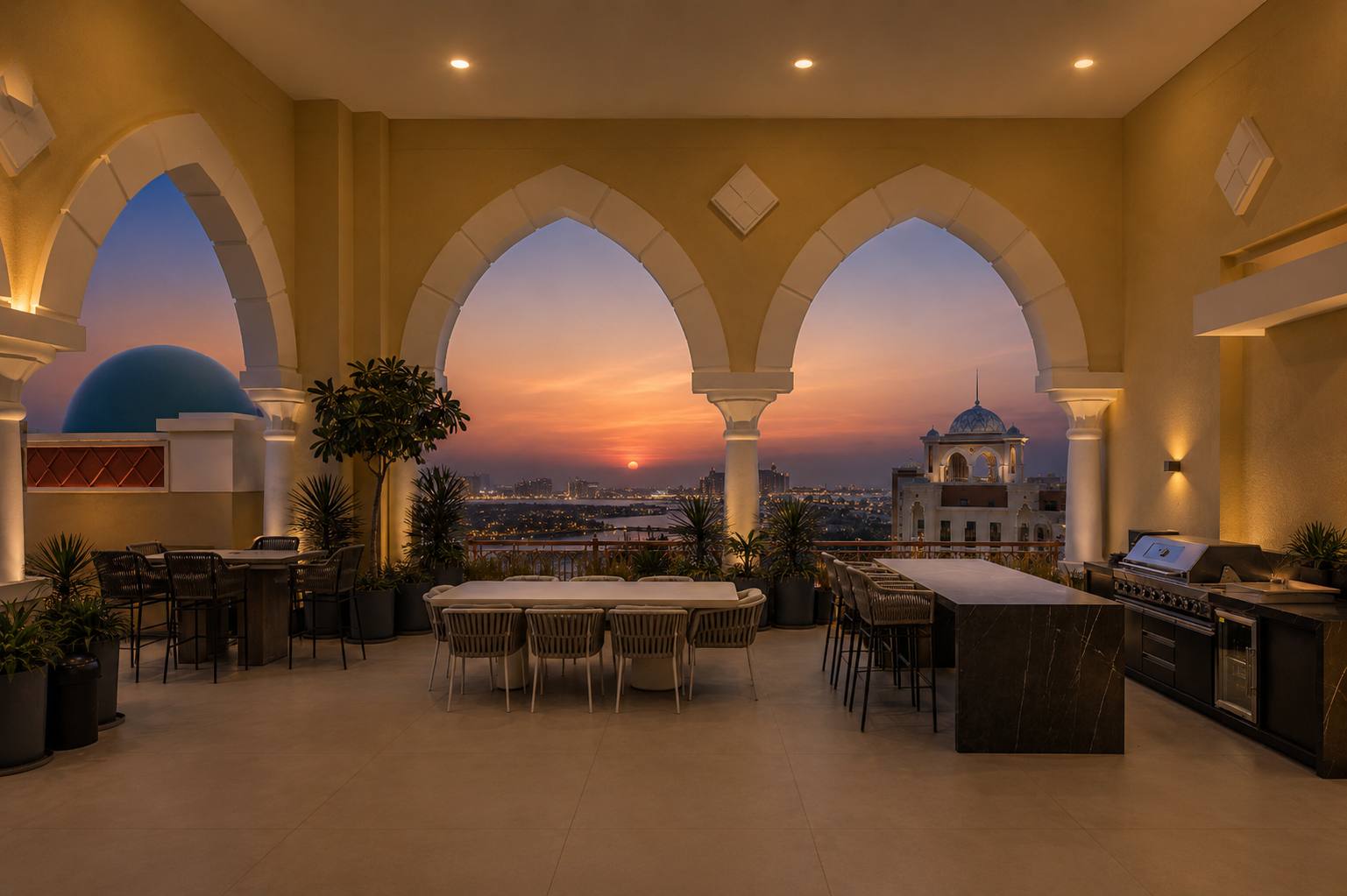Rooftop terrace loggia with pointed arches, outdoor kitchen and bar at sunset over the Palm