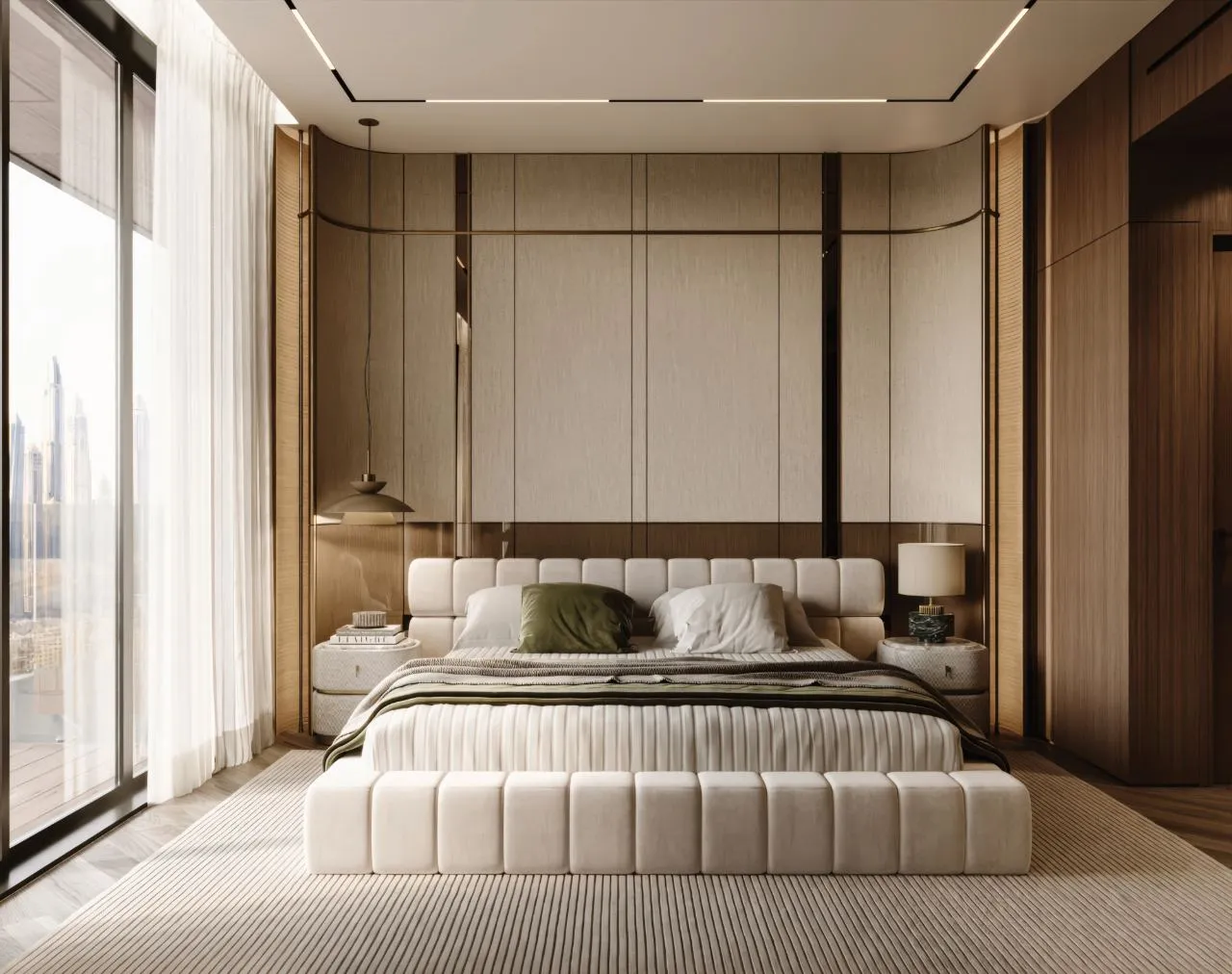 Bedroom with a wall-wide bolster headboard, curved oak reveals with brass inlay, linen upholstered panel and drum nightstands