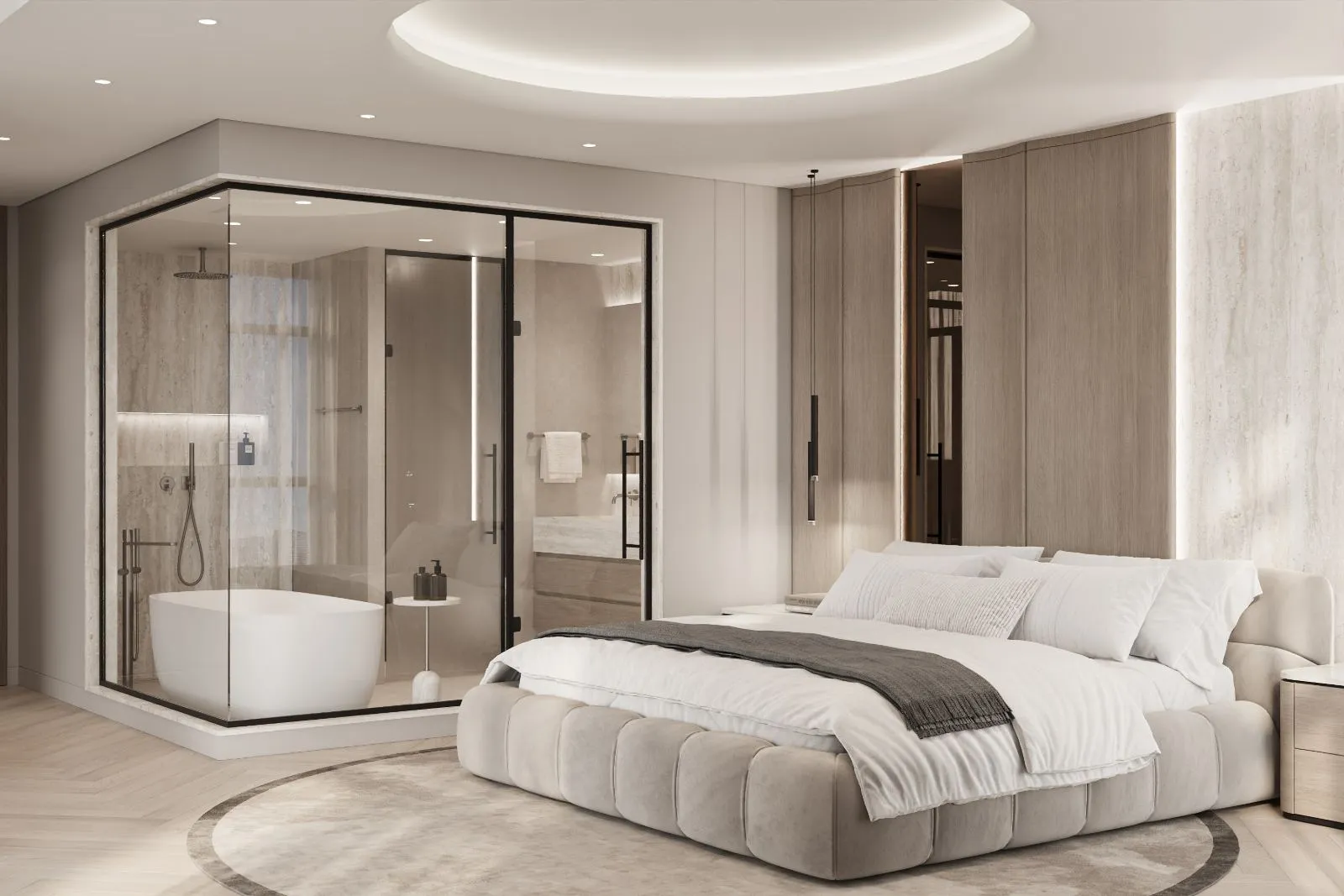 Master bedroom with a channel-tufted bed on a round rug and a glazed travertine bathroom box holding a freestanding tub and rain shower