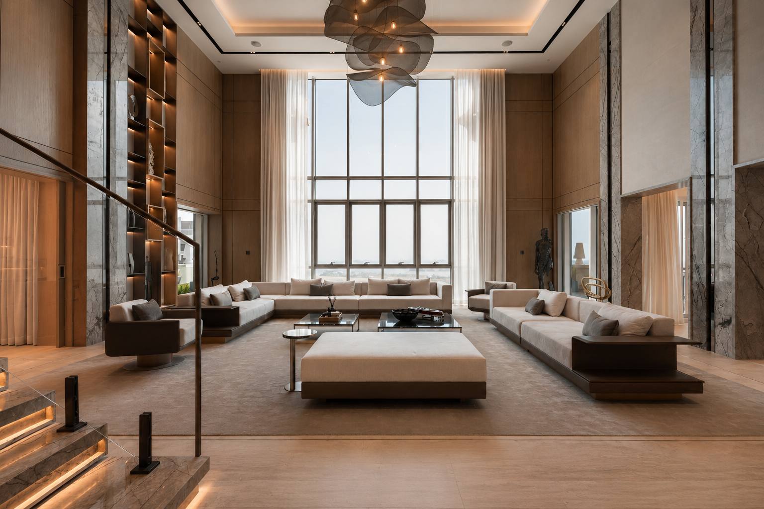Double-height salon with full-height window wall, oak panelling and marble piers