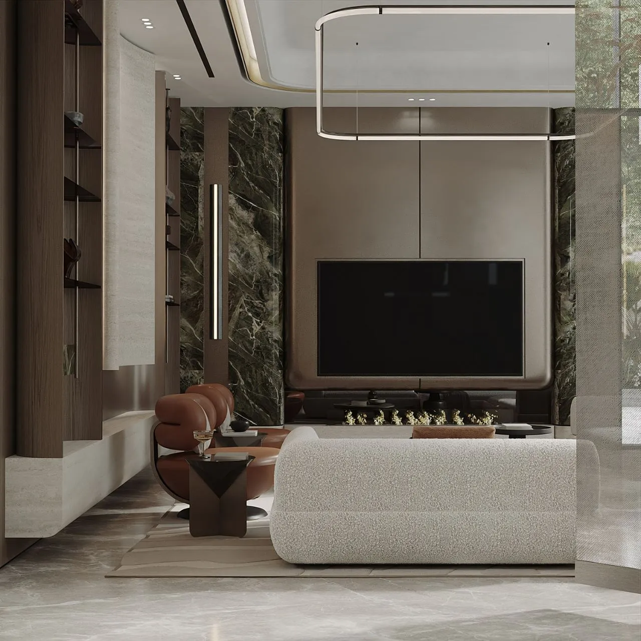 Sitting room media wall in leather flanked by book-matched green marble, with a linear fireplace, boucle sofa and cognac leather armchair