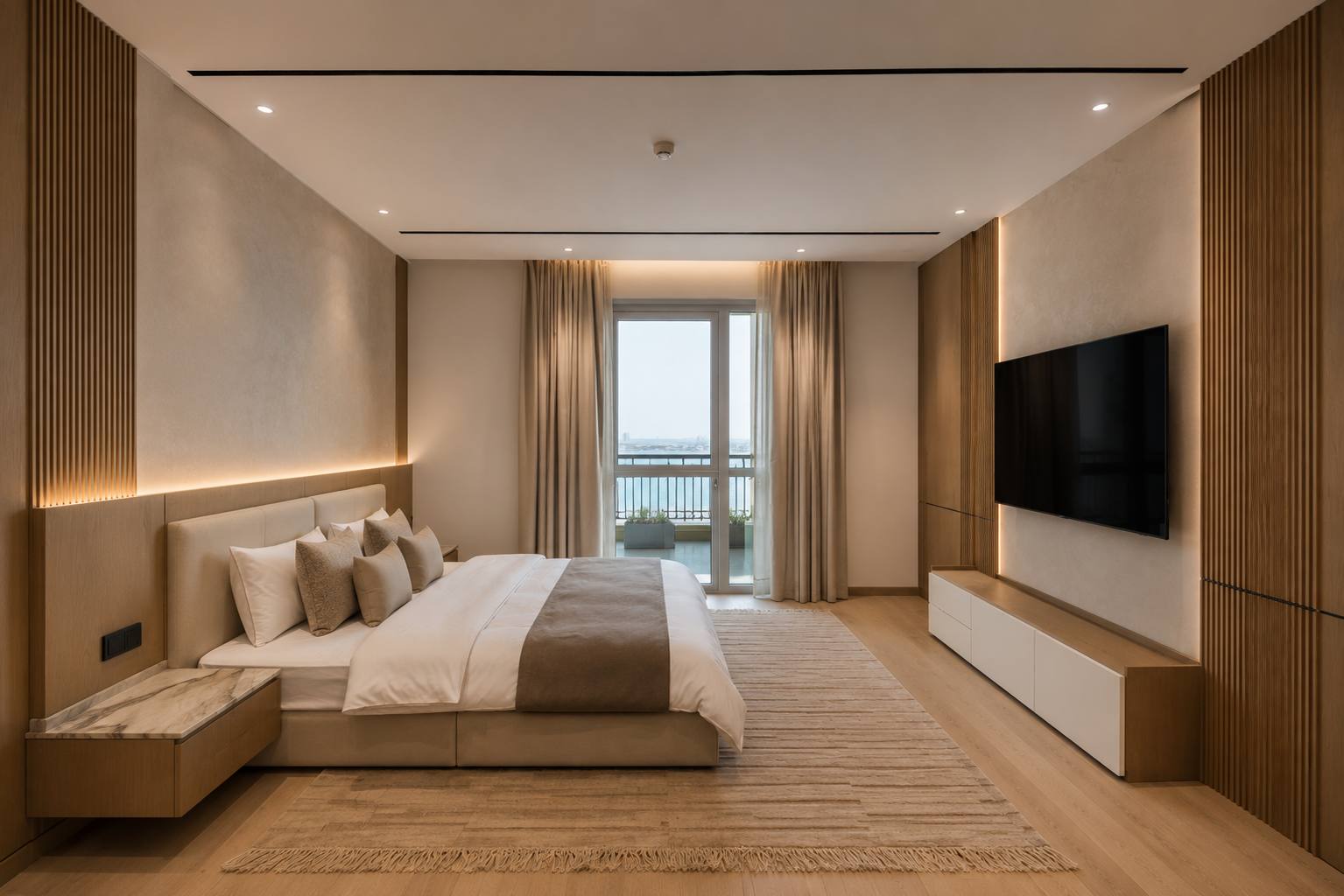 Guest bedroom with fluted oak panelling, cove lighting and balcony to the sea