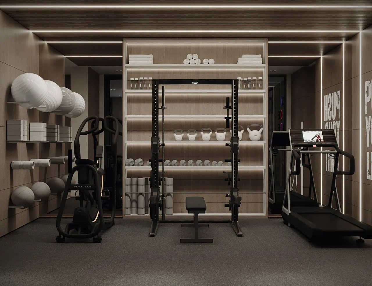 Private gym with a lit oak equipment wall holding kettlebells and rollers, squat rack, treadmill, cross-trainer and mirrored end wall