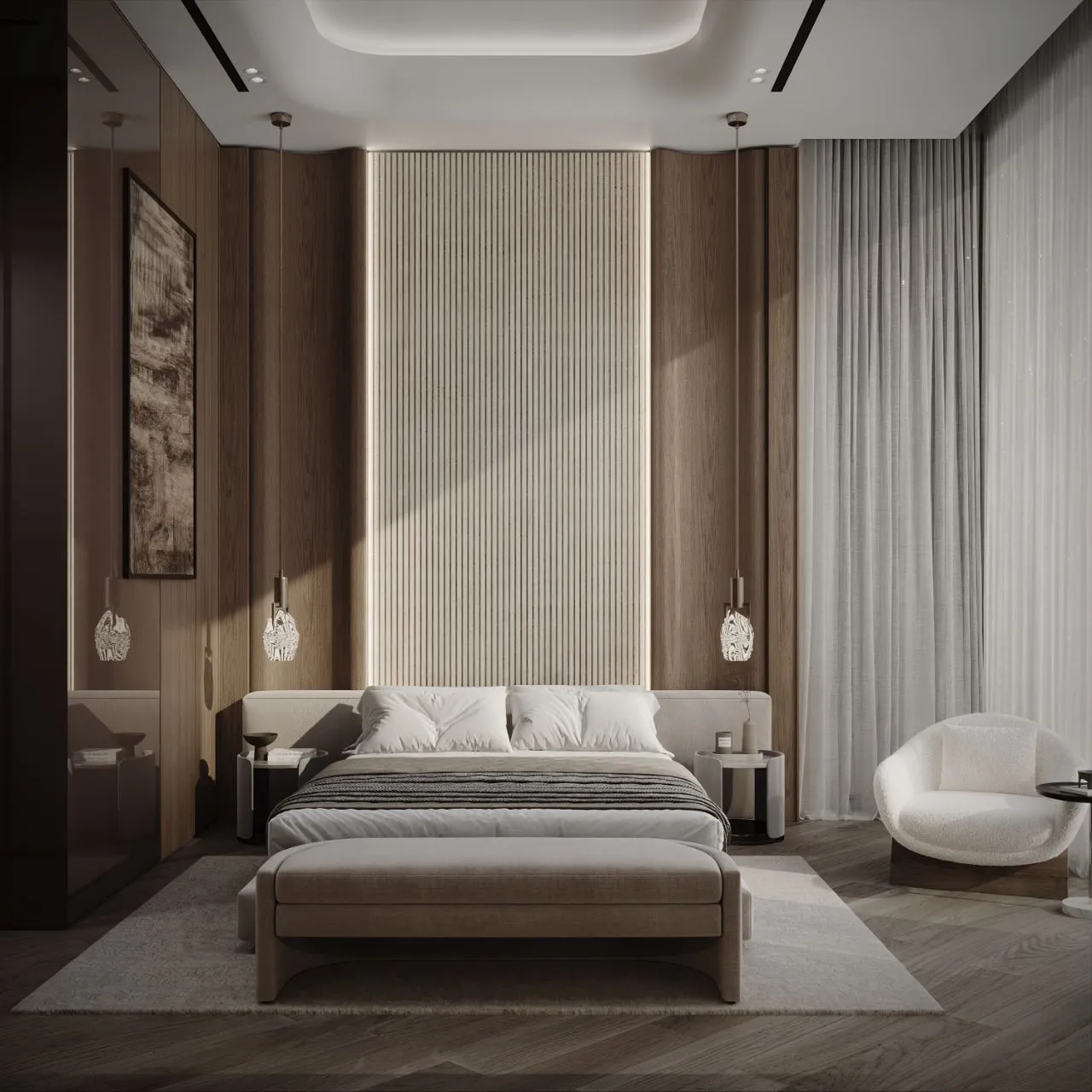 Guest bedroom with a backlit fluted headboard wall between oak panels, twin sculptural pendants, upholstered bench and boucle armchair