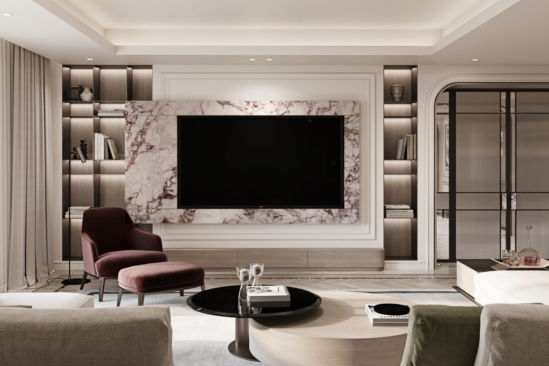 Penthouse living room media wall in viola marble, framed by lit oak display joinery and a burgundy armchair