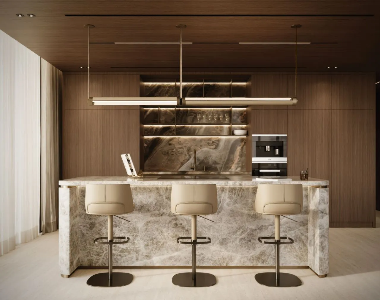 Kitchen with a quartzite island and three leather bar stools facing an onyx backsplash, lit brass shelving and full-height walnut units
