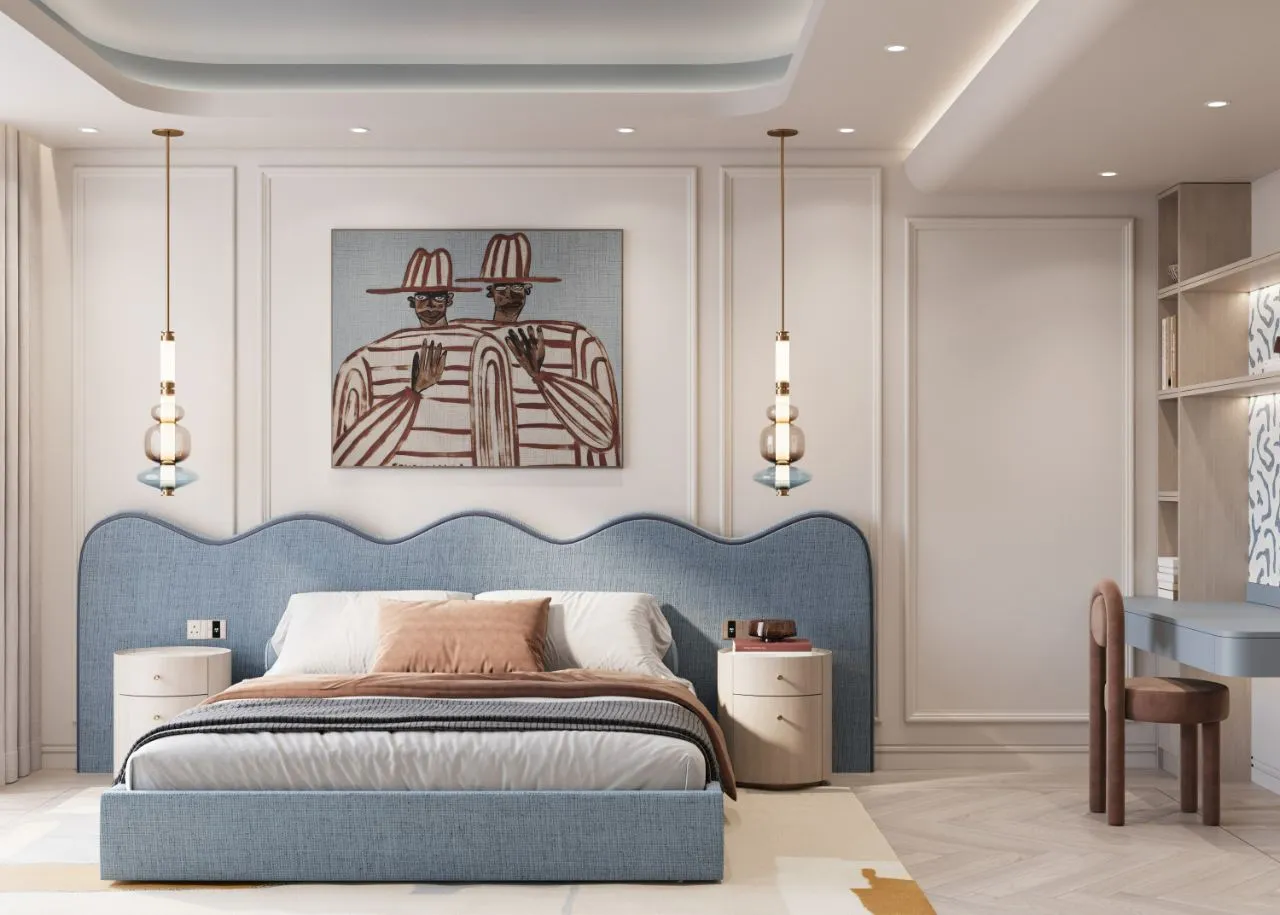 Teen bedroom with a scalloped powder blue headboard, glass pendant lights, built-in oak desk and lit shelving