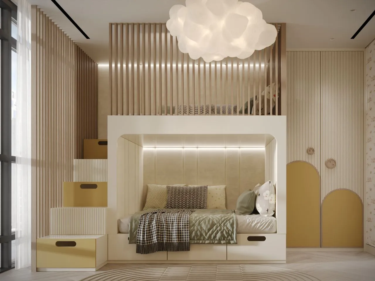 Children's bedroom with a built-in bunk bed, ochre drawer stairs, slatted oak guard rail, lit upholstered alcove and a cloud pendant