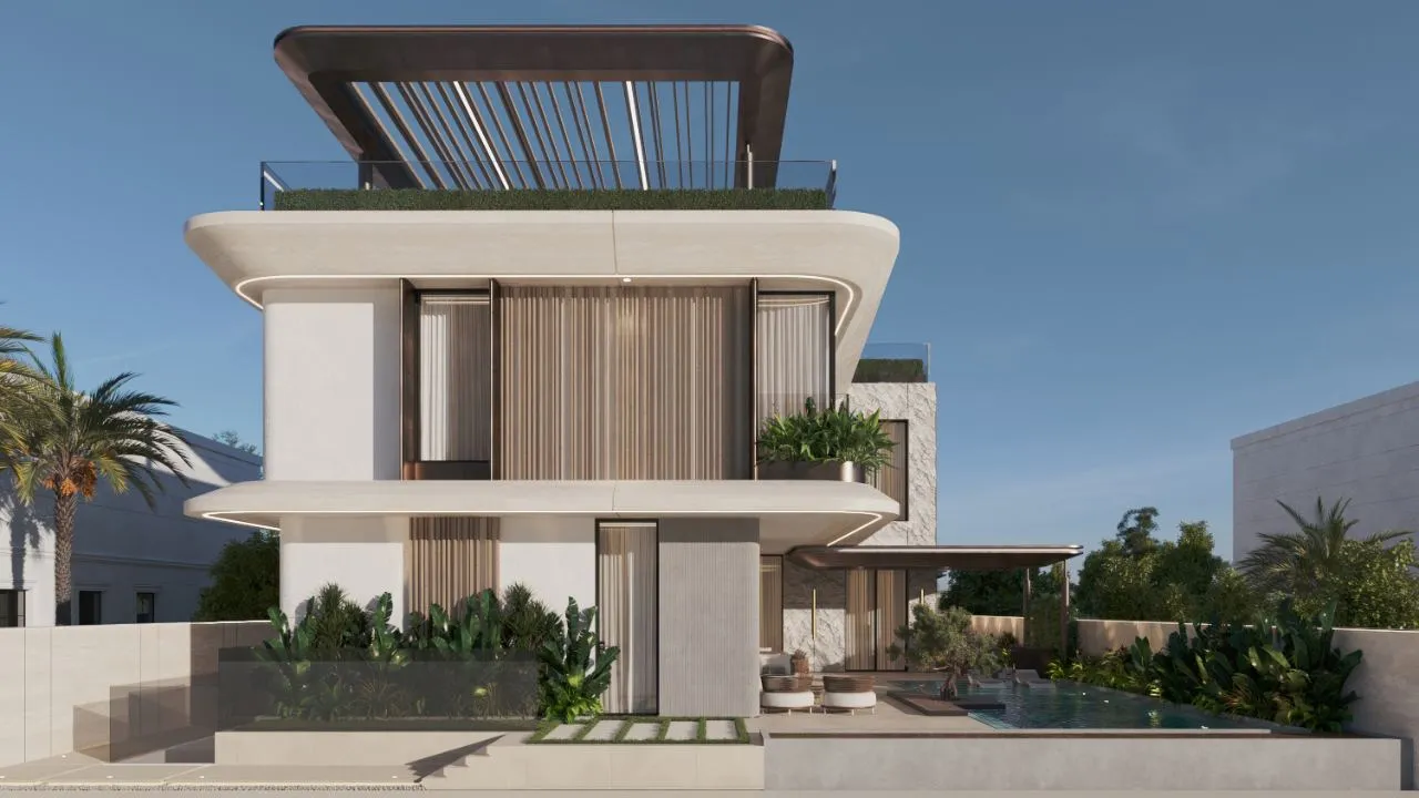Garden elevation with stacked travertine slabs, timber screens, rooftop pergola with glass balustrade and the pool at ground level