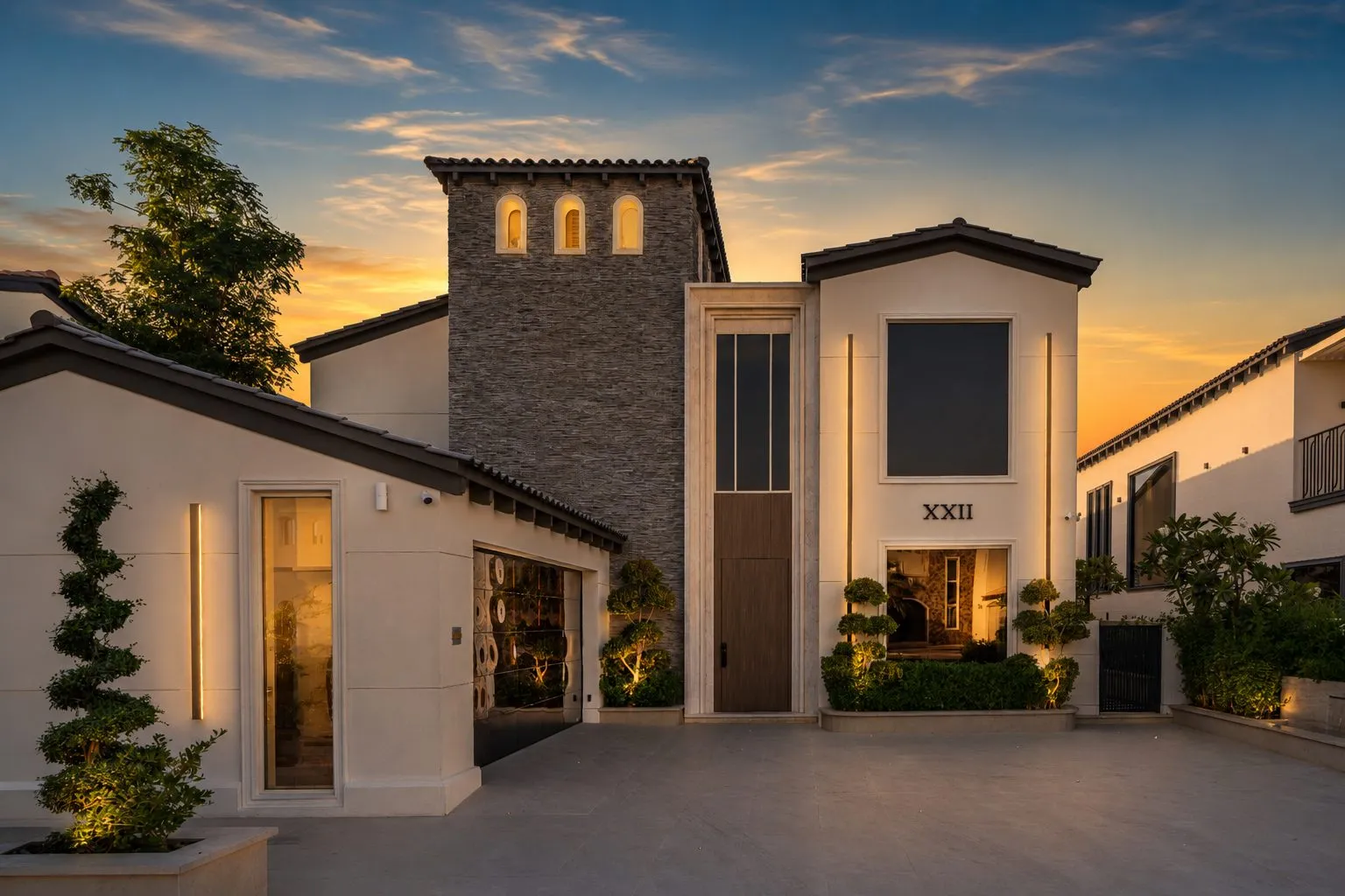 Villa XXII façade at dusk, Jumeirah Islands