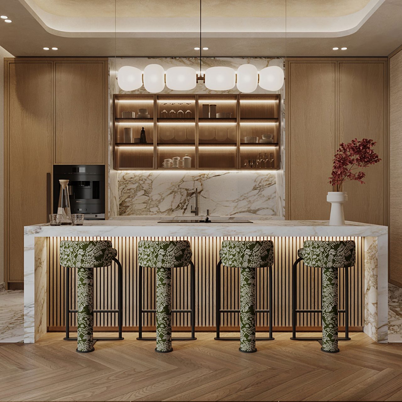 Breakfast bar elevation with four printed olive stools, glass pendant lights and a marble splashback