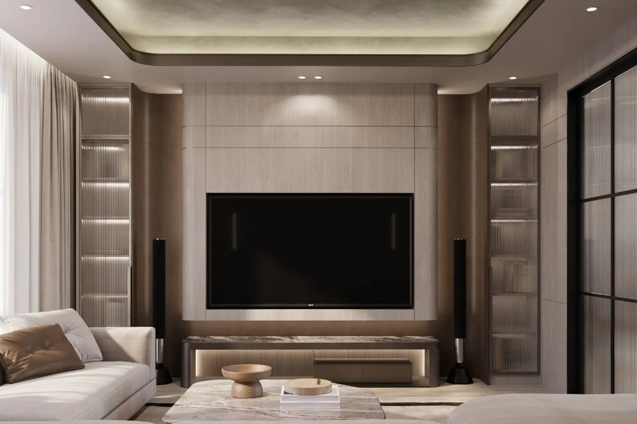 TV room media wall in silvered oak with lit reeded glass display towers, marble console and backlit plaster ceiling tray