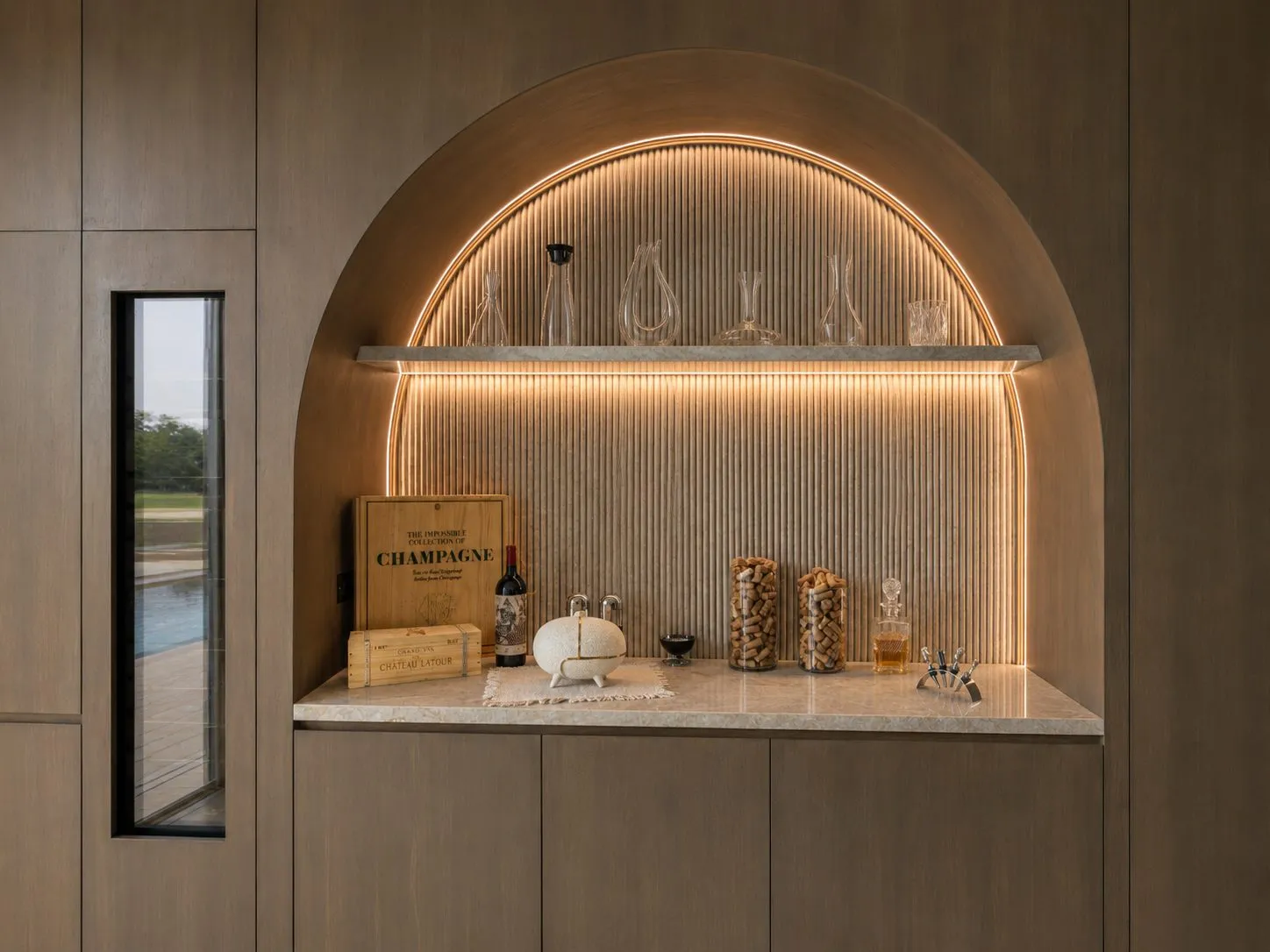 Back-lit fluted-oak cellar bar