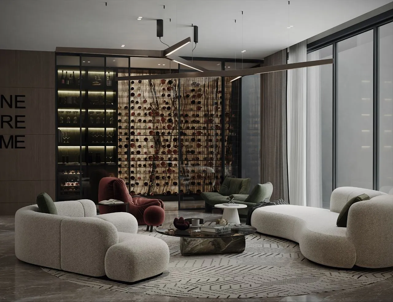 Wine lounge with curved boucle sofas, an oxblood armchair, olive recliners and a green marble table in front of the glazed cellar