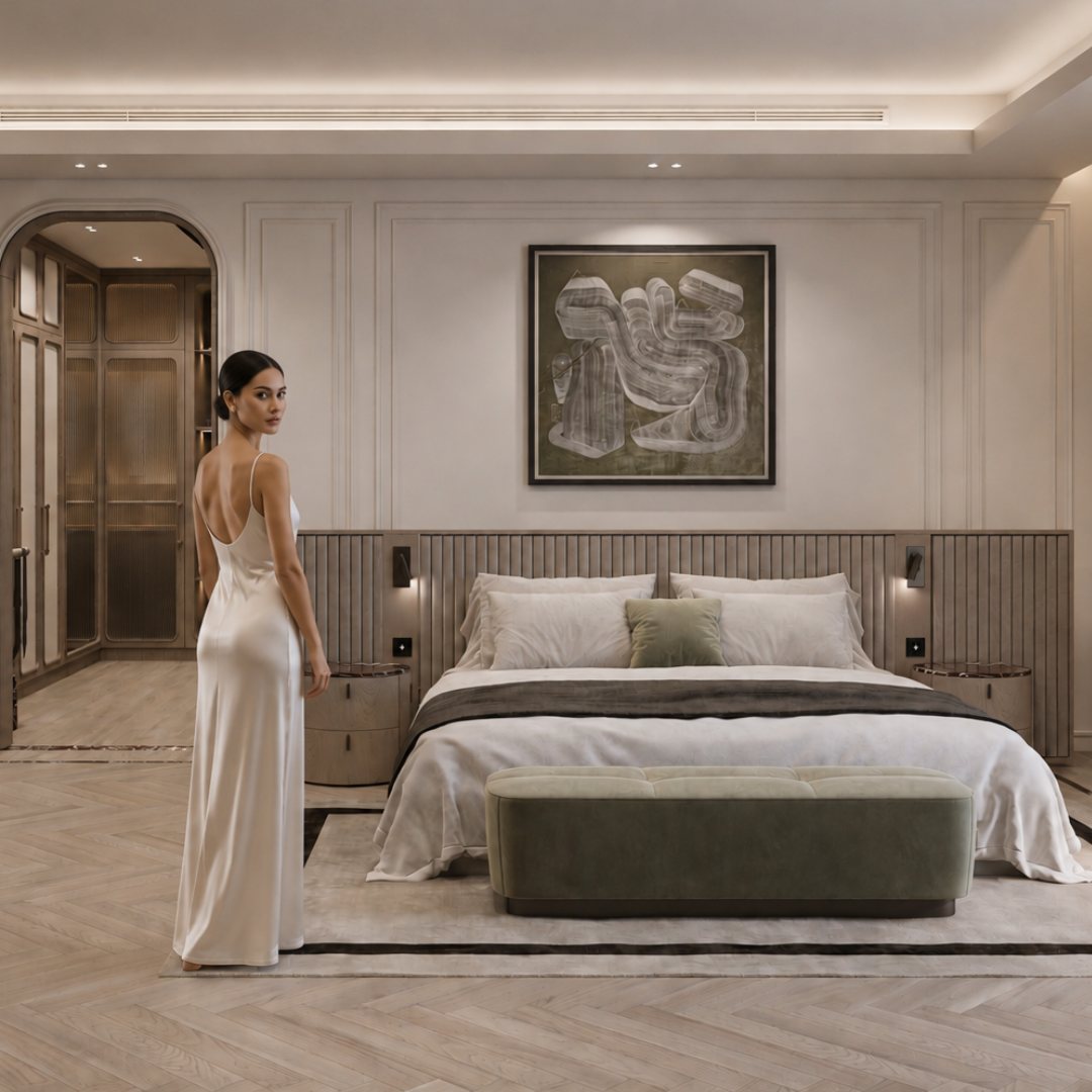 Principal bedroom with fluted oak headboard wall, olive velvet bench and arched entry to the dressing room