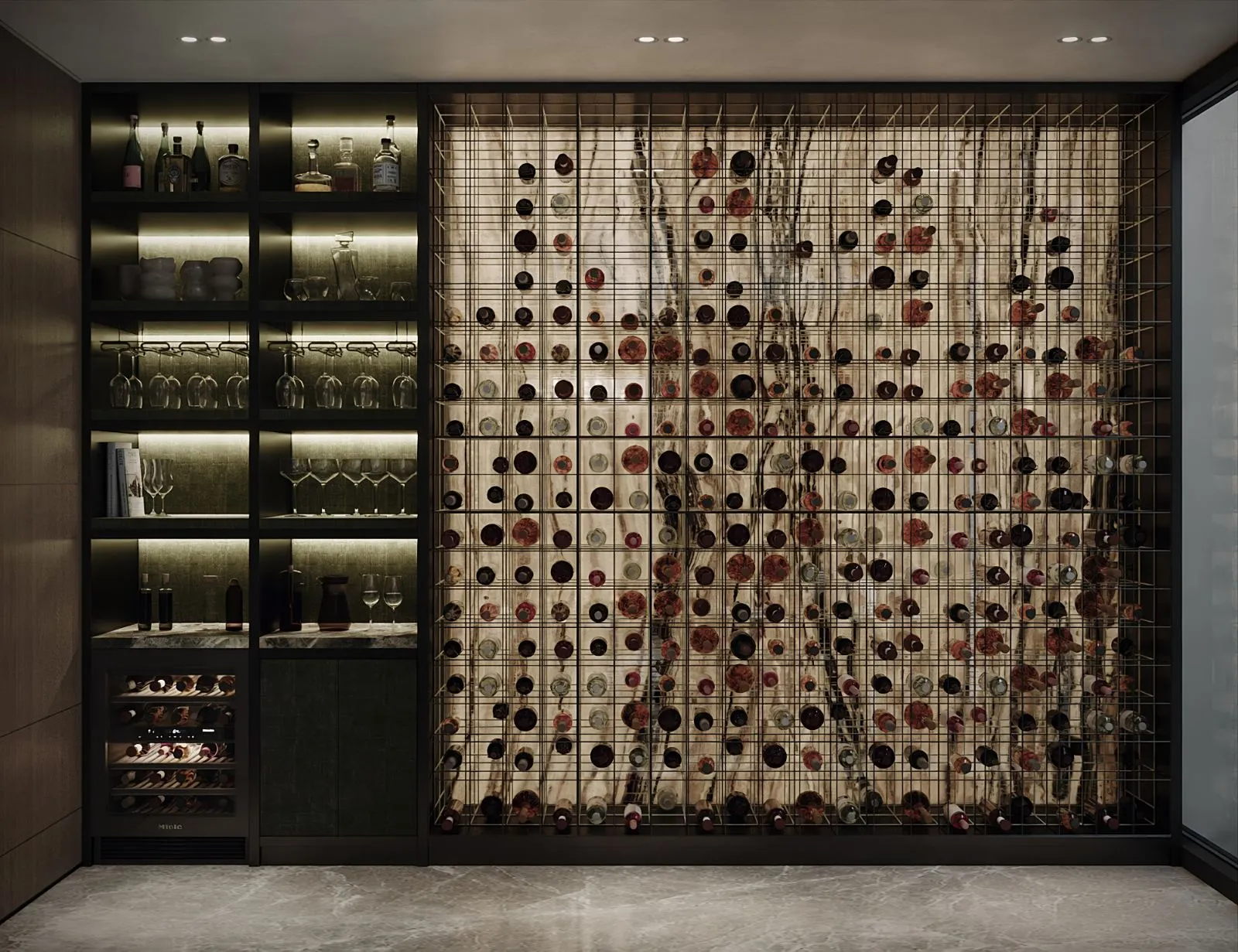 Wine room with a full-height brass cable rack holding bottles against a backlit onyx wall, beside lit black display joinery and a service counter