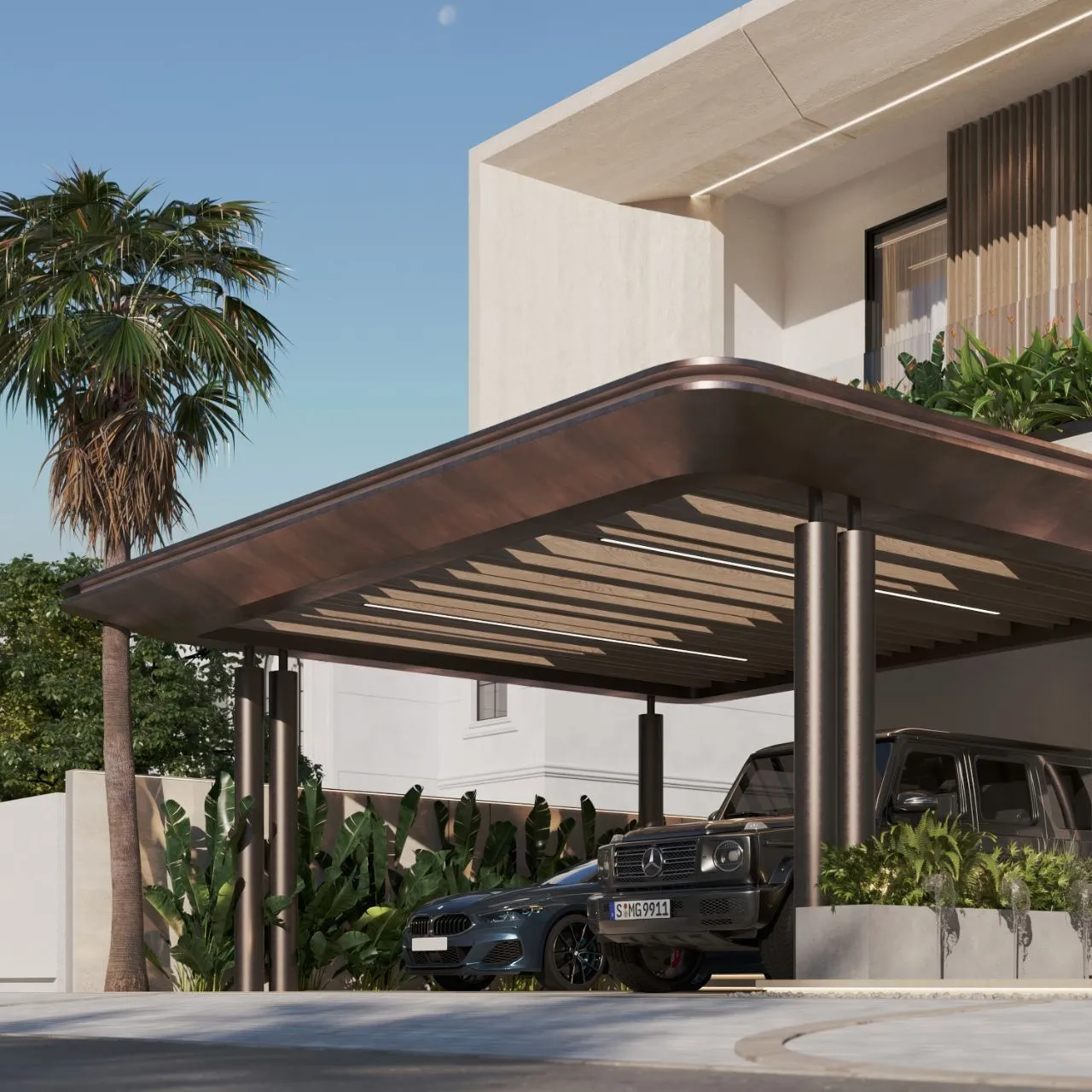 Detail of the bronze carport canopy with battened timber soffit, twin light slots, slim paired columns and cars parked beneath