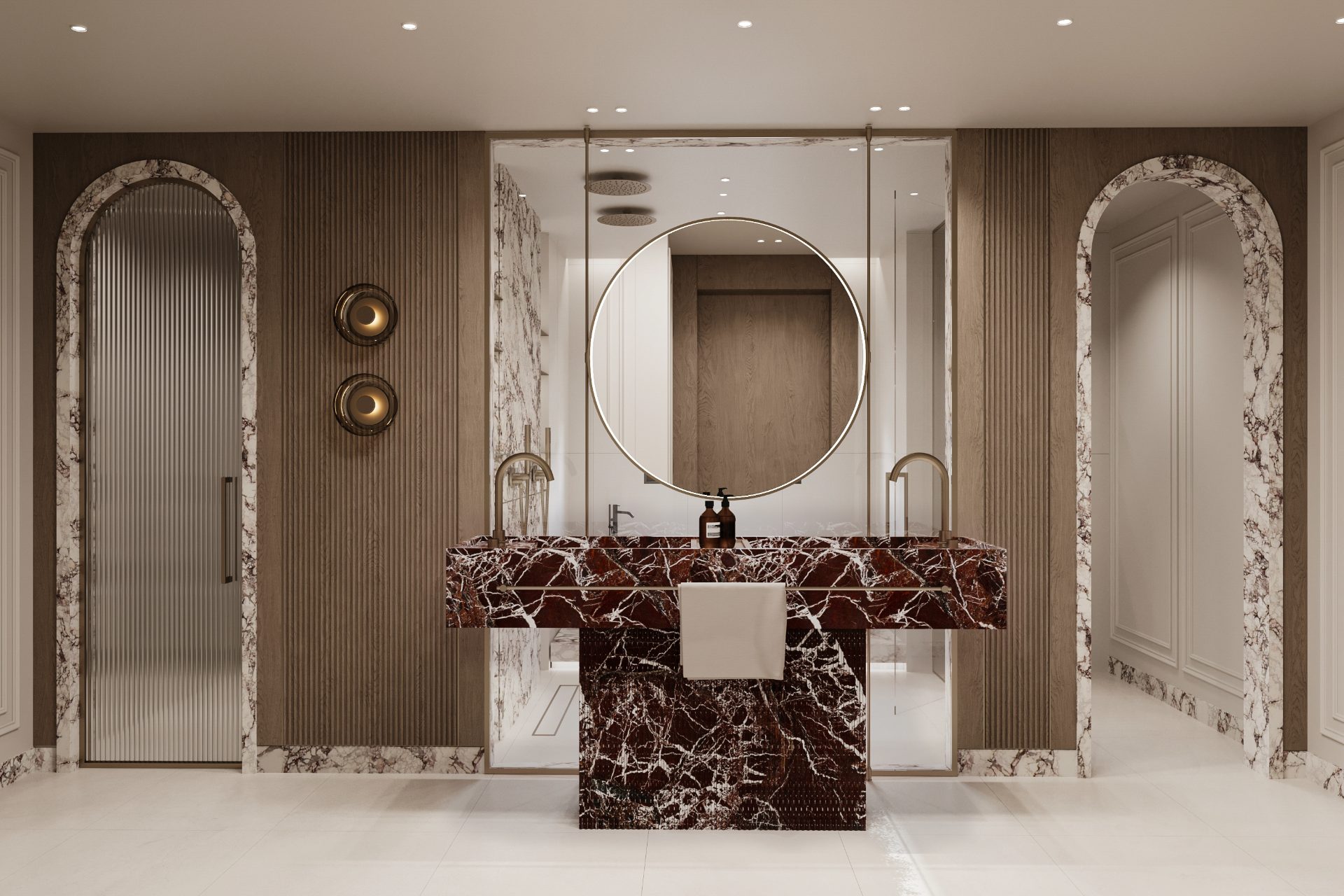 Principal bathroom with a rosso marble vanity, round backlit mirror and arched viola marble portals