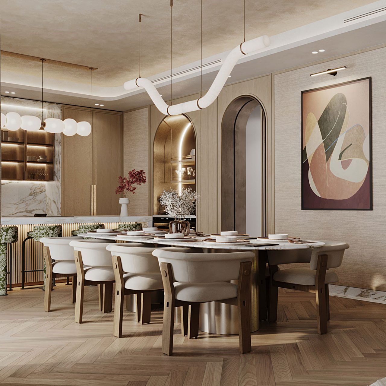 Villa dining area with a marble table, ten bouclé chairs, arched niches and a sculptural plaster pendant