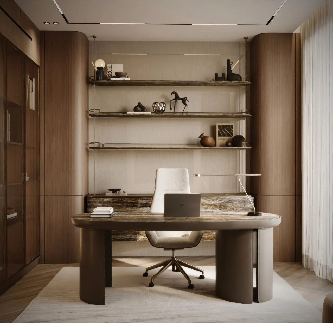 Home office with an oval stone-topped desk, boucle task chair and three suspended brass-rod stone shelves against a silk-textured wall