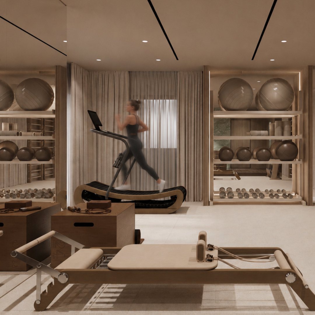 Private penthouse gym with reformer, curved treadmill, lit oak storage bays and linen curtains