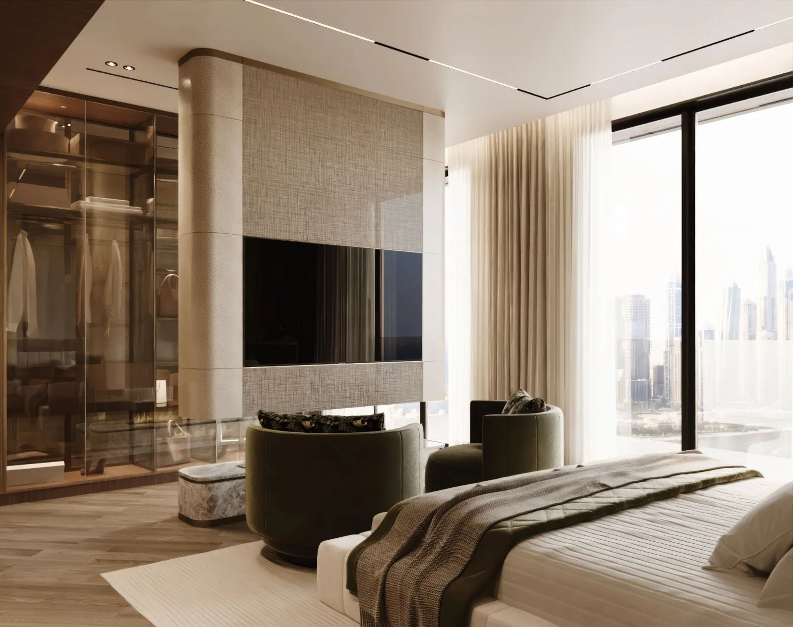 Master bedroom with a shagreen and linen media pier, bronze-glass walk-in wardrobe, olive swivel chairs and Dubai Marina skyline through full-height glazing