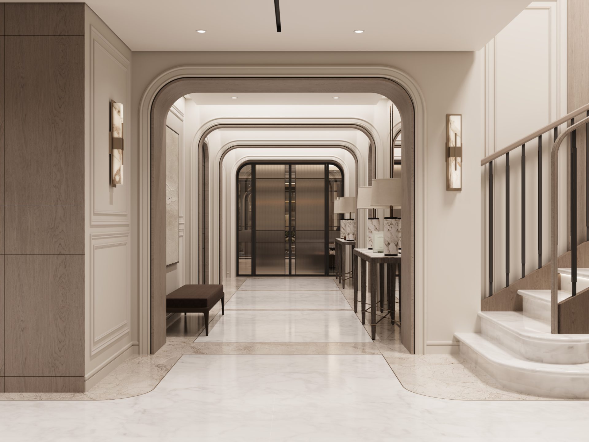 Penthouse entrance foyer with nested radiused arches, marble floor inlay and a curved stone stair