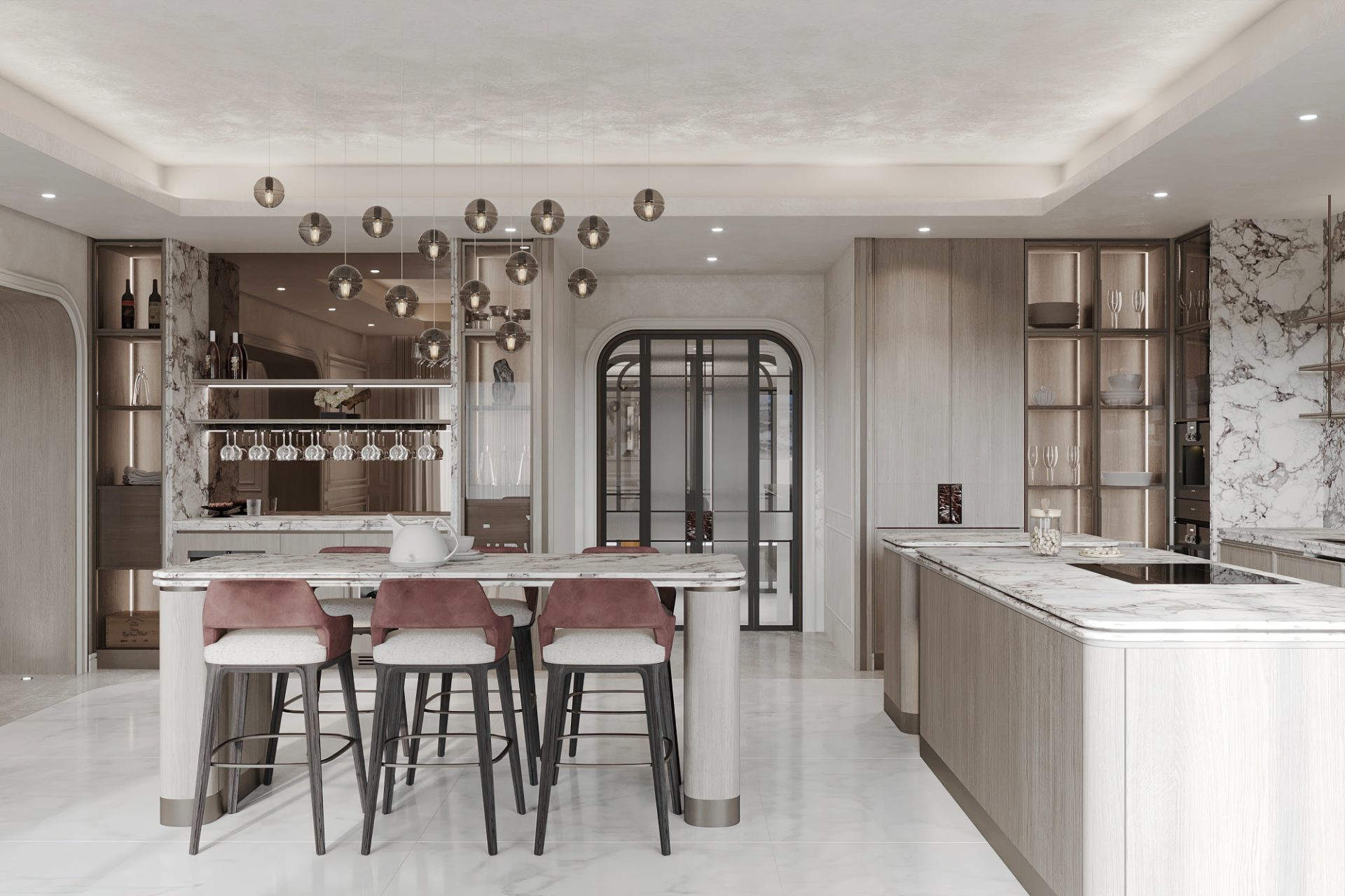 Penthouse show kitchen with calacatta marble island, rose velvet bar stools and smoked glass pendant lights