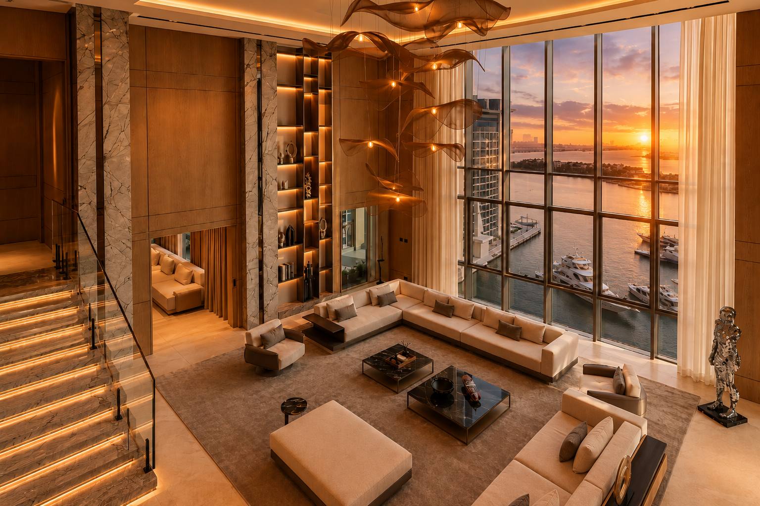 Double-height penthouse salon at sunset with a full glass wall over the Palm Jumeirah marina and yachts