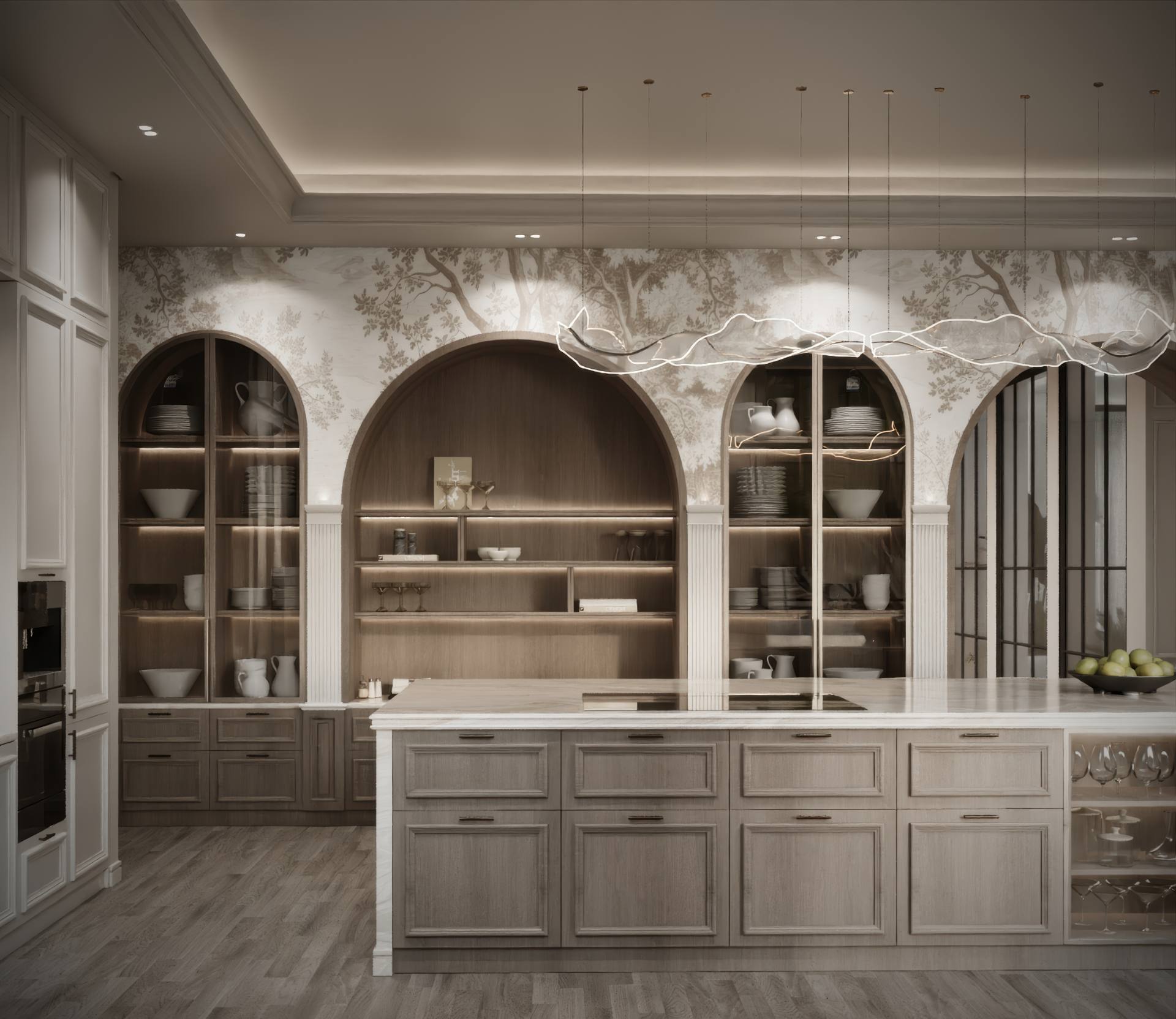 Kitchen with arched oak display joinery, painted mural wall and marble island