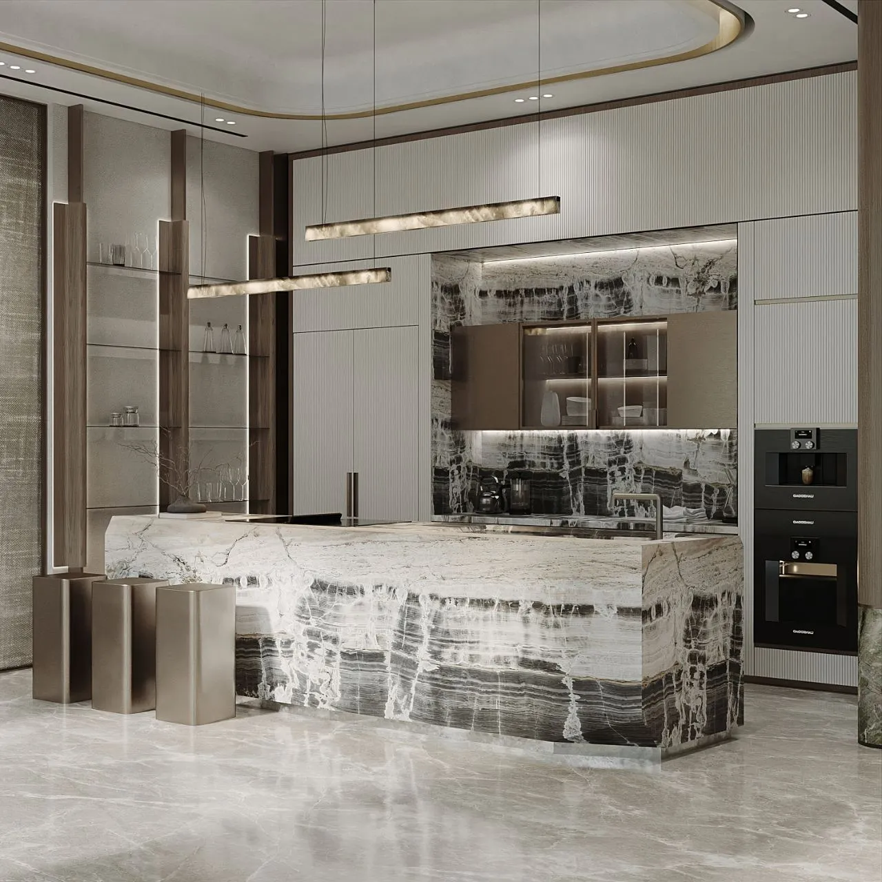 Show kitchen with a book-matched onyx island and backsplash, fluted white joinery, bronze bar stools and backlit onyx pendants