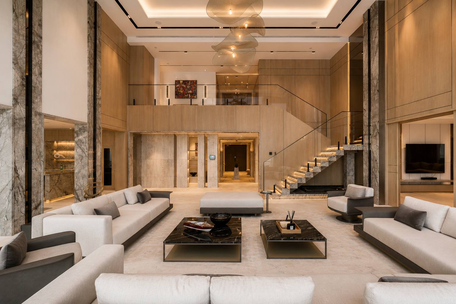Entrance gallery with travertine portals, mezzanine and lit stone staircase