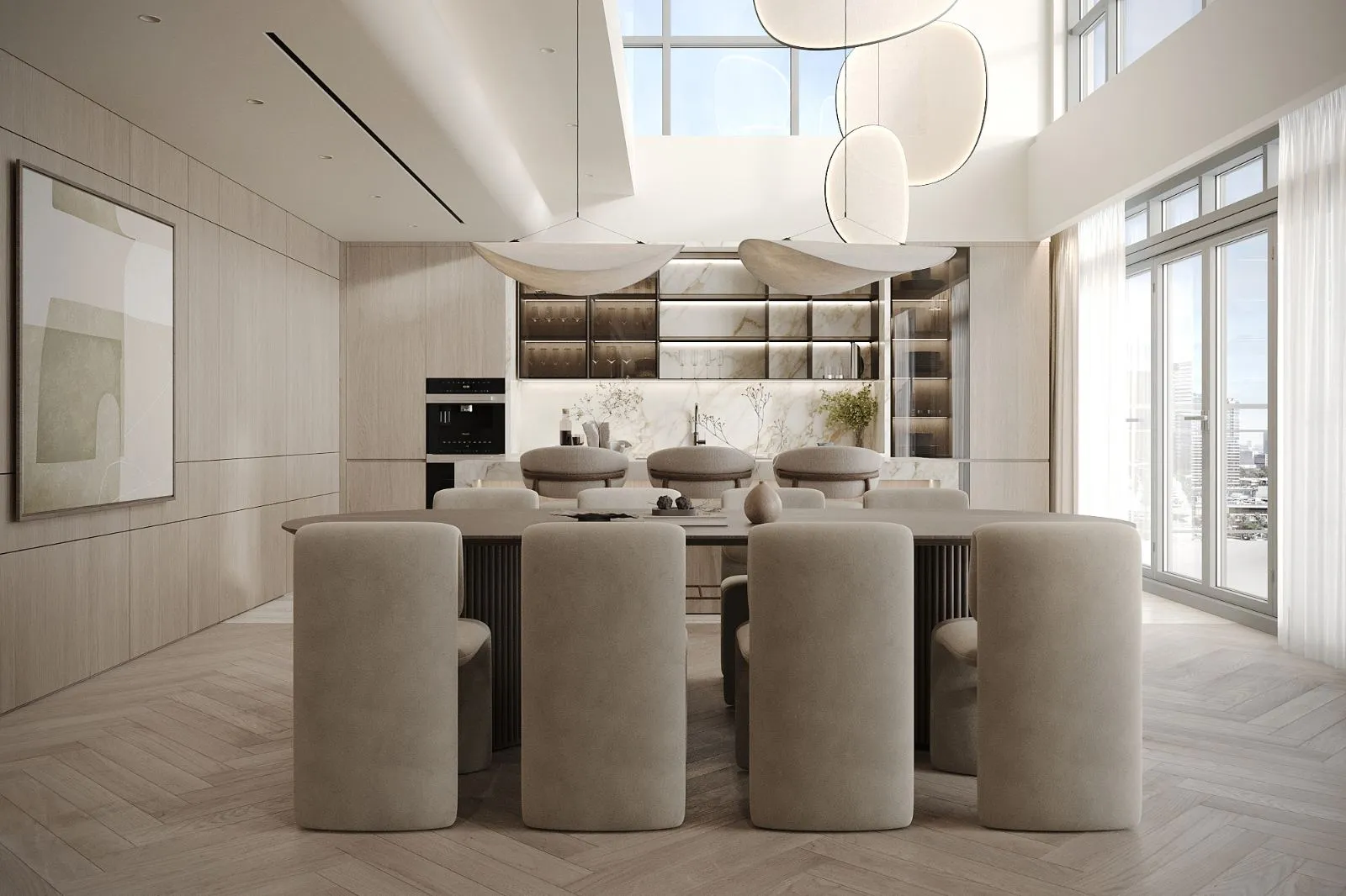 Dining area seating ten under sculptural fabric pendants, with a double-height clerestory, oak panelled walls and the marble kitchen behind