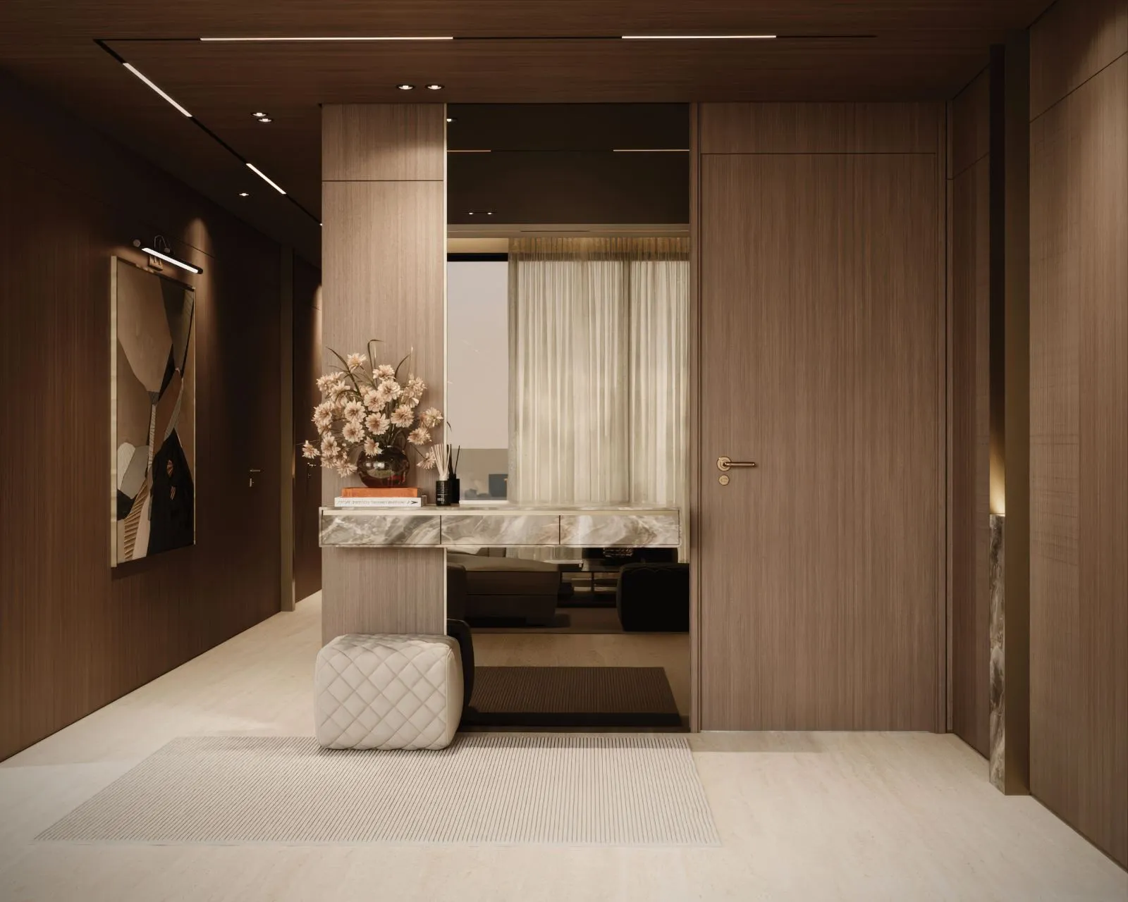 Entrance foyer panelled floor to ceiling in walnut with a floating marble console, quilted leather pouf, framed artwork and travertine floor
