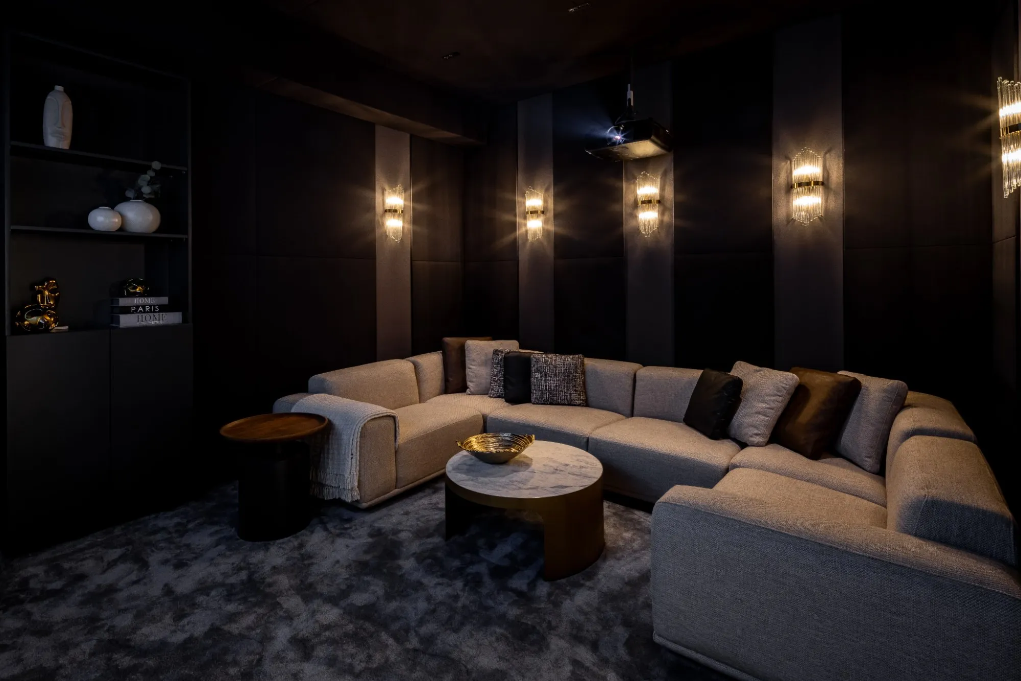 Private home cinema with tiered seating and acoustic panelling