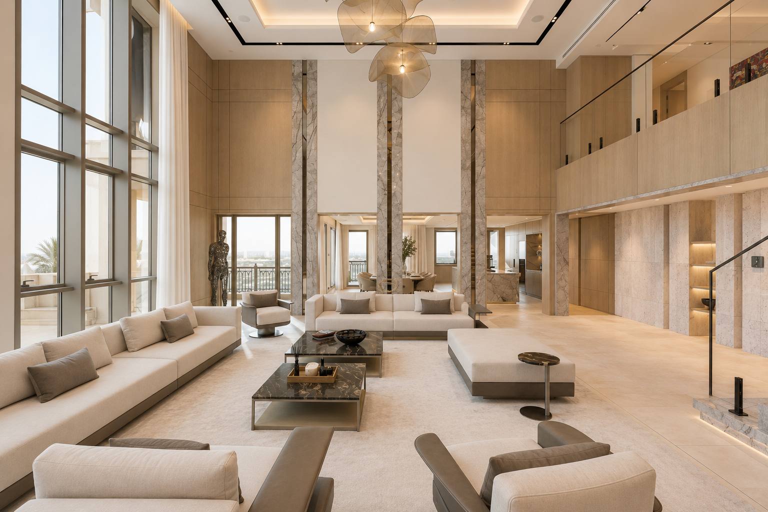 Salon seen toward the dining room, with grouped linen seating and a mezzanine above
