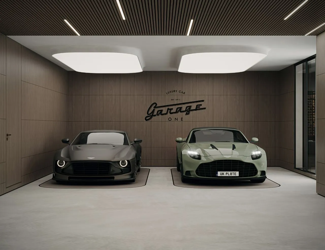 Showroom garage panelled in walnut with a battened ceiling, two large softbox light panels and two sports cars on inlaid stone pads