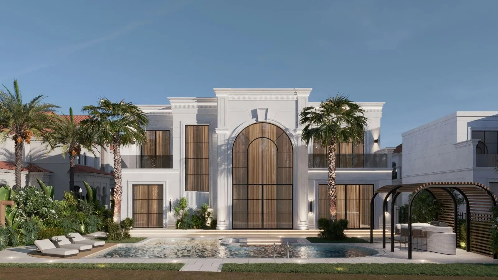 Rear elevation of Villa Velora with a full-height arched window, curved pool, sun loungers and a barbecue pergola