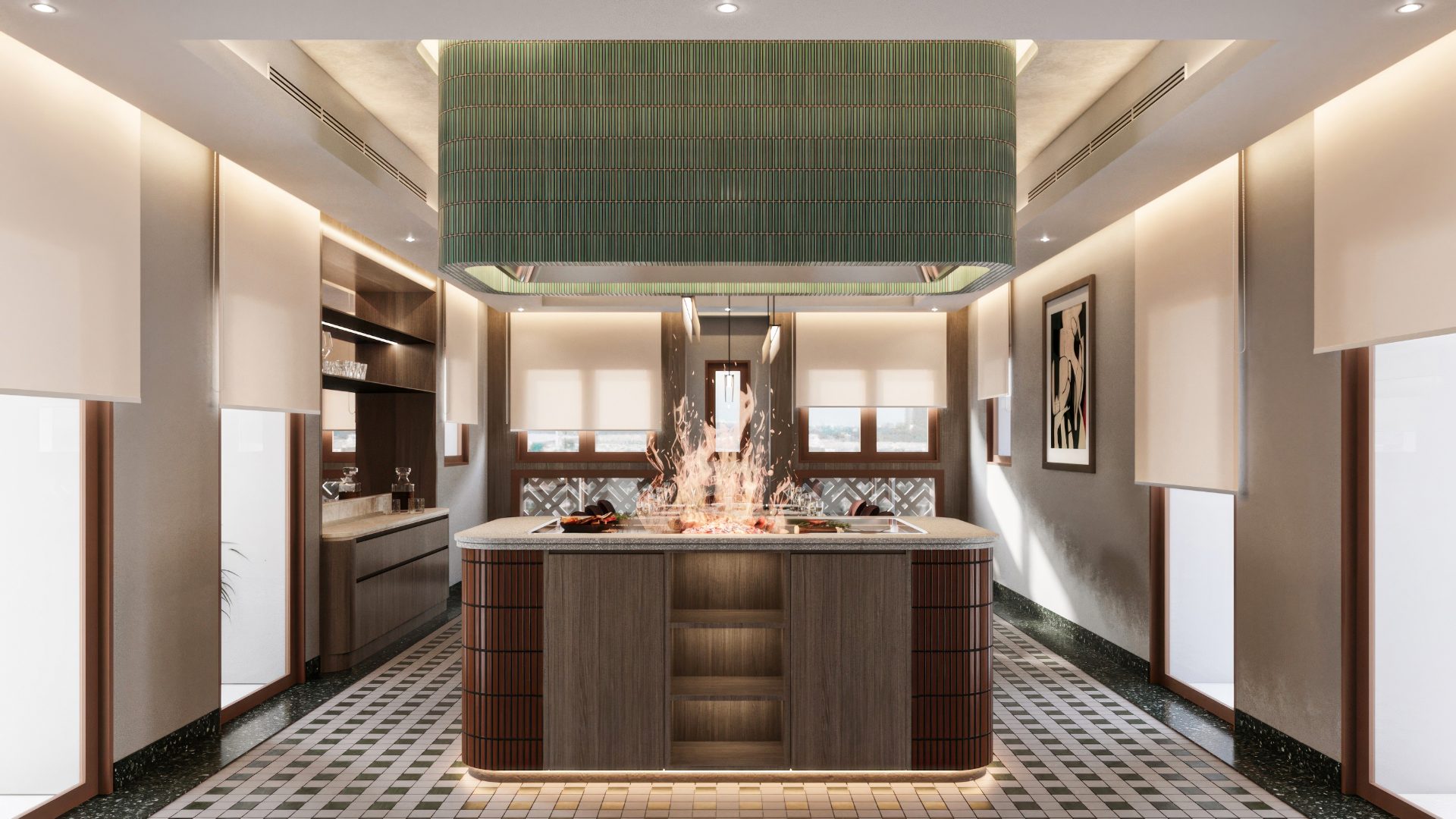 Live teppanyaki counter with green glazed tile extract hood, timber island and terrazzo flooring