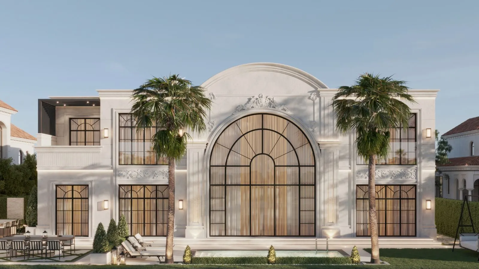 Rear elevation of Villa Capri with a domed pediment, monumental arched window, lap pool, loungers and clipped topiary