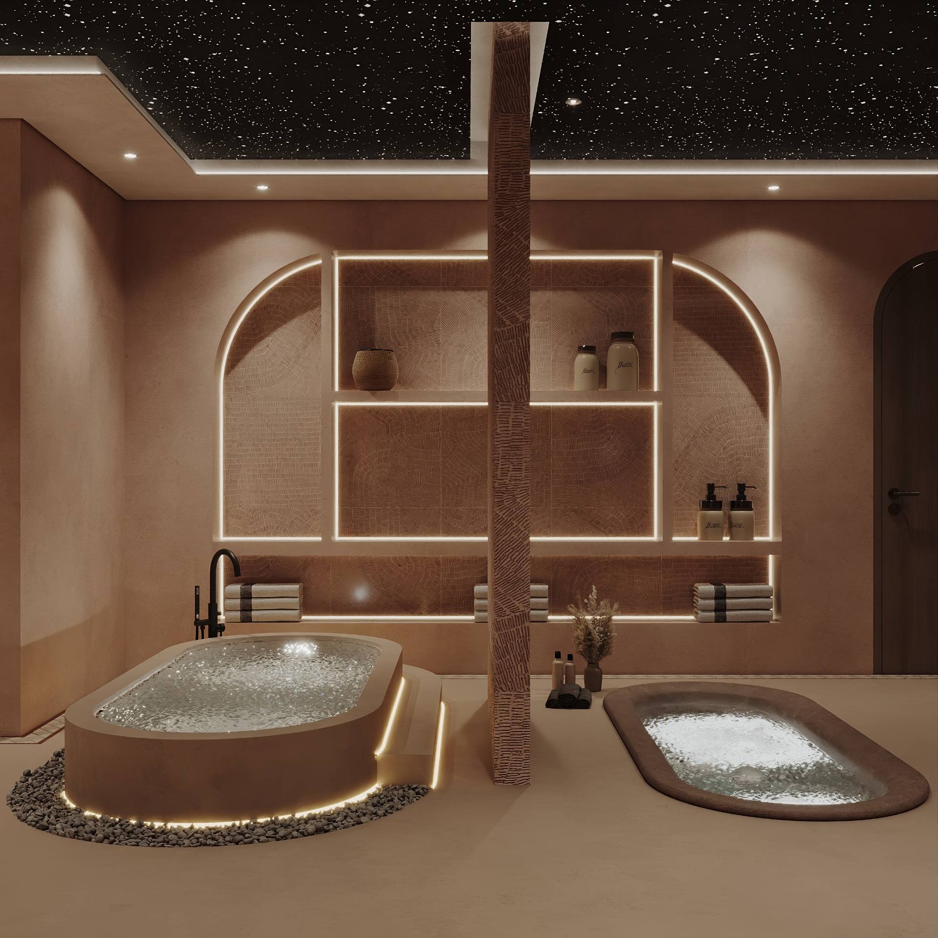Spa with sculpted micro-cement jacuzzi, sunken plunge pool and star ceiling