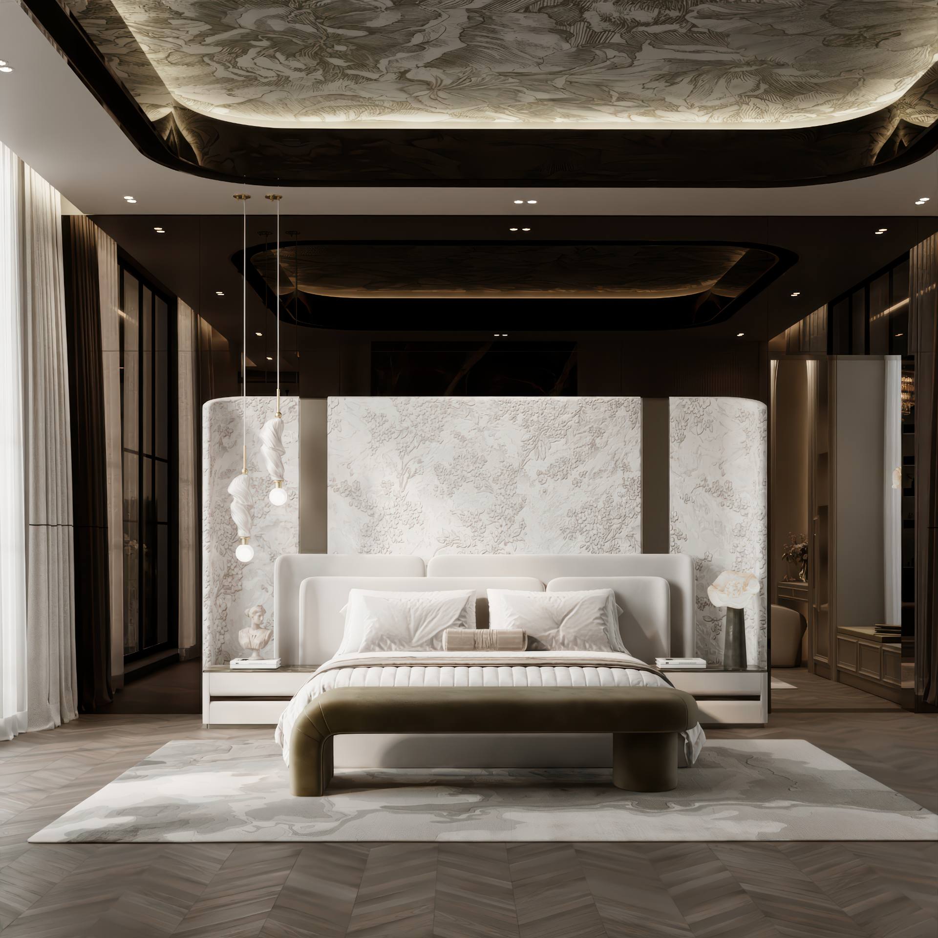 Master bedroom with carved plaster headboard wall, curved lit ceiling and olive velvet bench