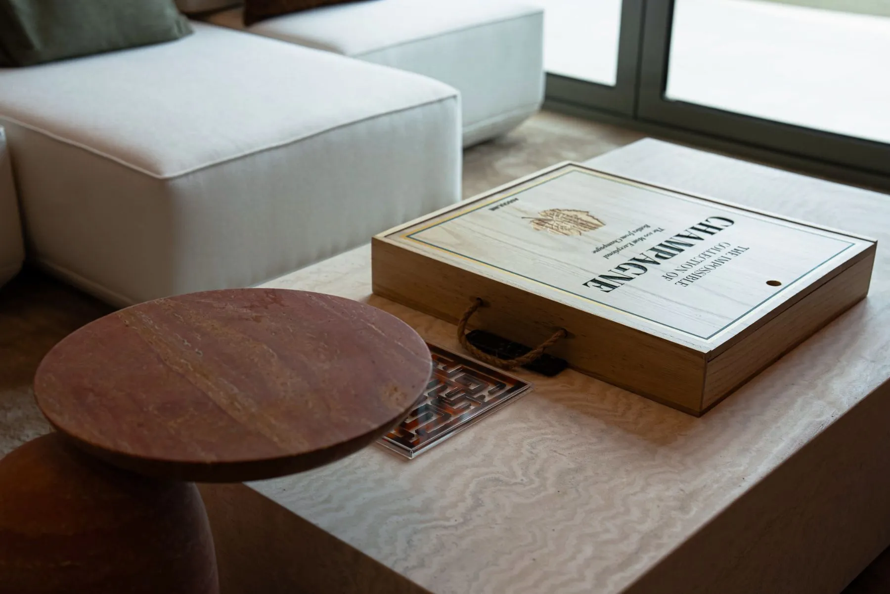 Travertine table with collectible objects