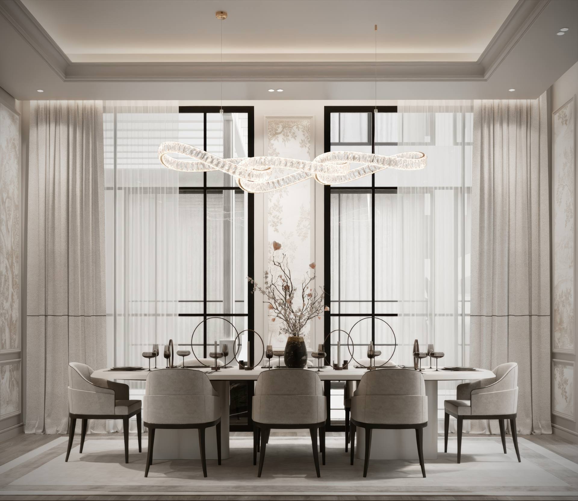 Formal dining room with sculpted stone table, ribboned crystal pendant and painted botanical panels