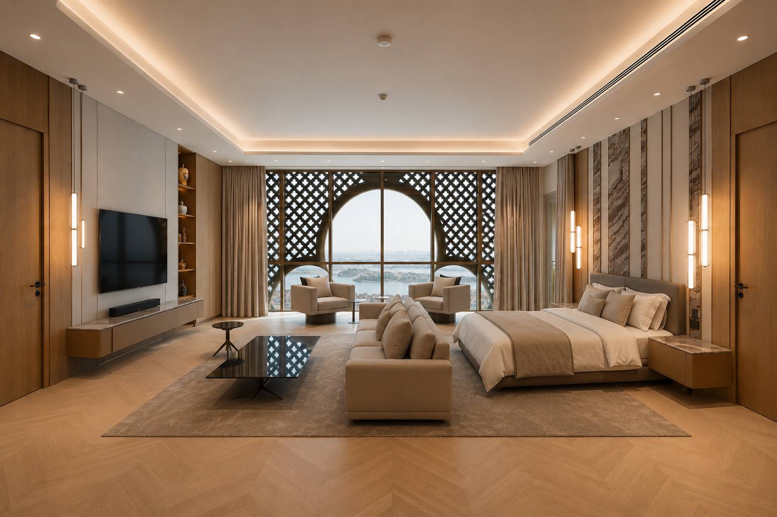 Master suite with arched mashrabiya window, herringbone oak floor and stone headboard wall