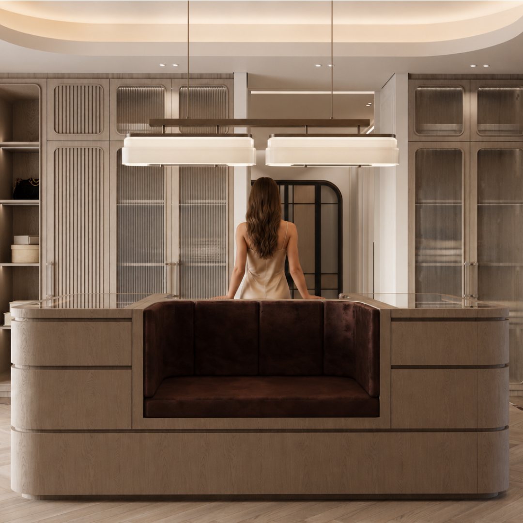 Dressing room with reeded glass wardrobes, curved oak island and a brown velvet seat