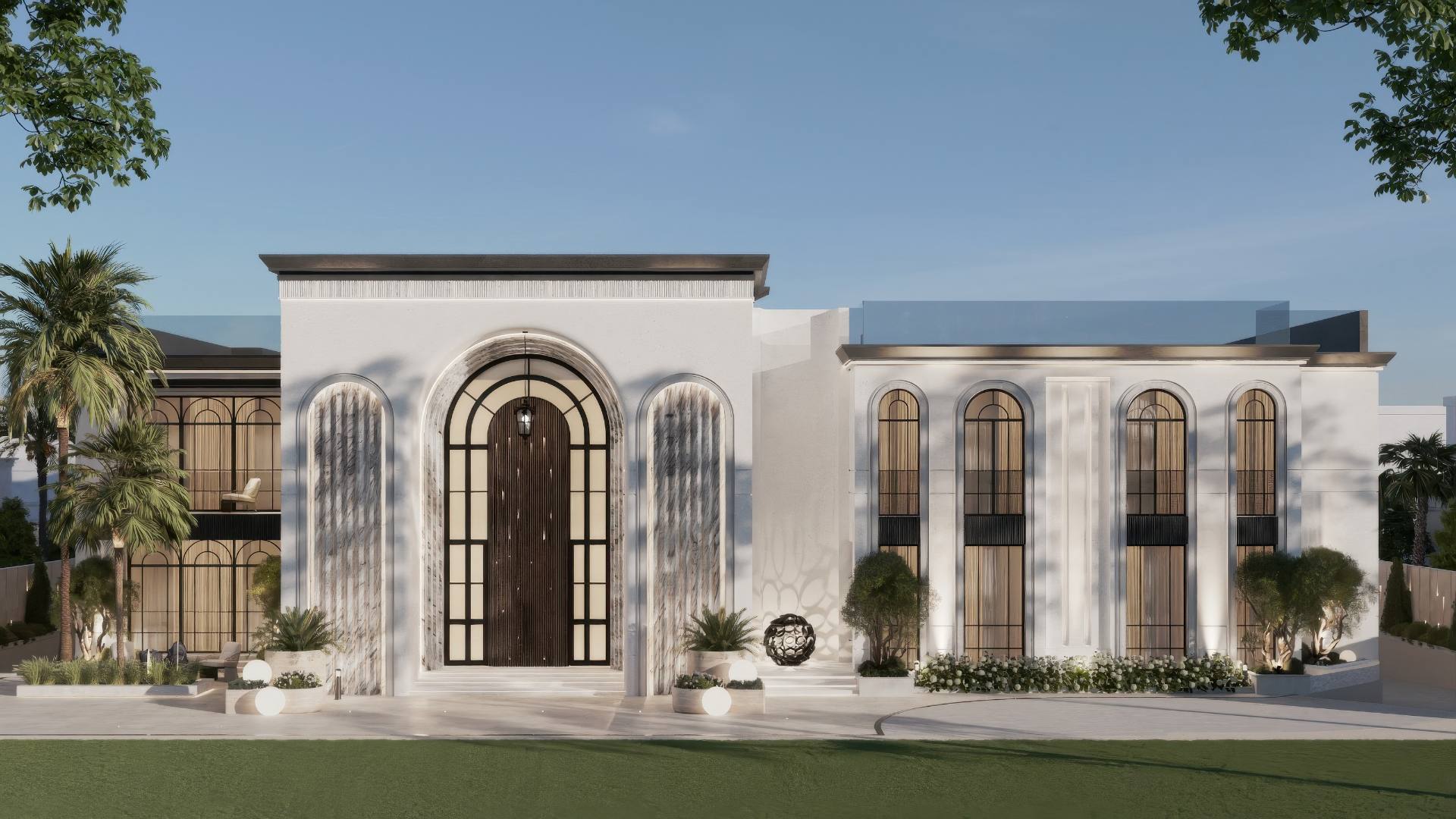 Villa Serein white plaster façade with arched steel glazing and palms at Emirates Hills