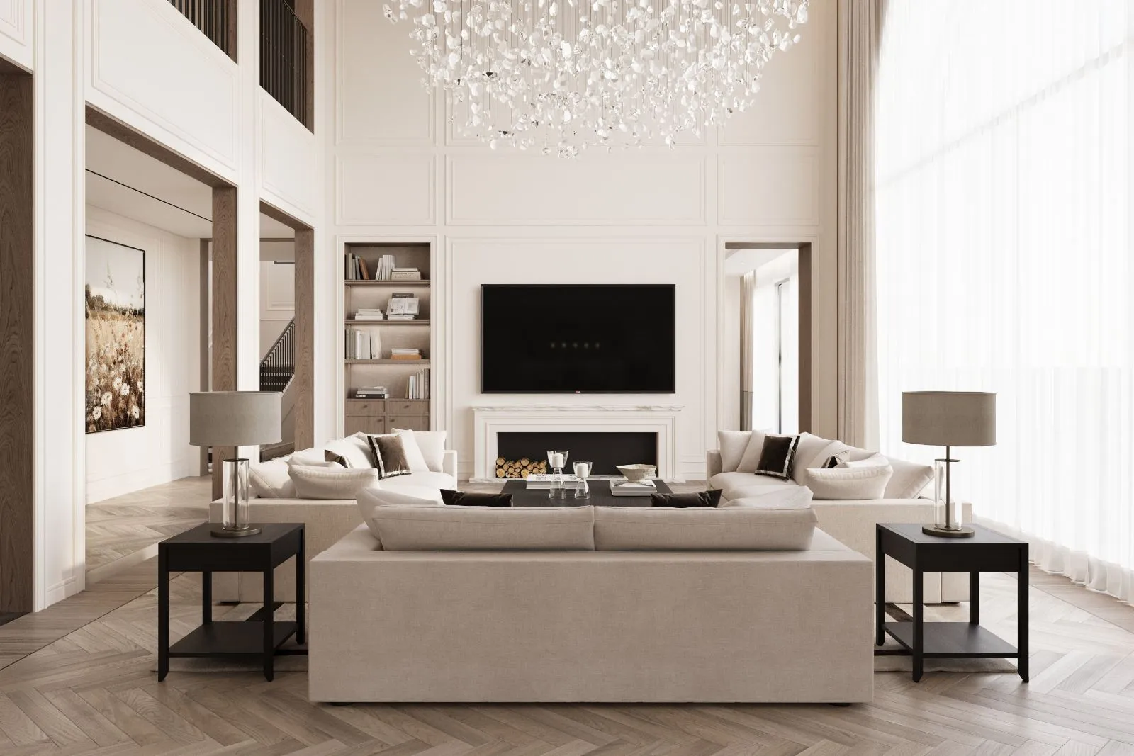 Sitting room aligned through a moulded opening with the dining room and marble kitchen wall beyond